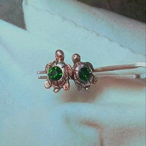 Vintage Turtle Earrings—Silver, Cubic Zirconia, Emerald Green, Stud, Post